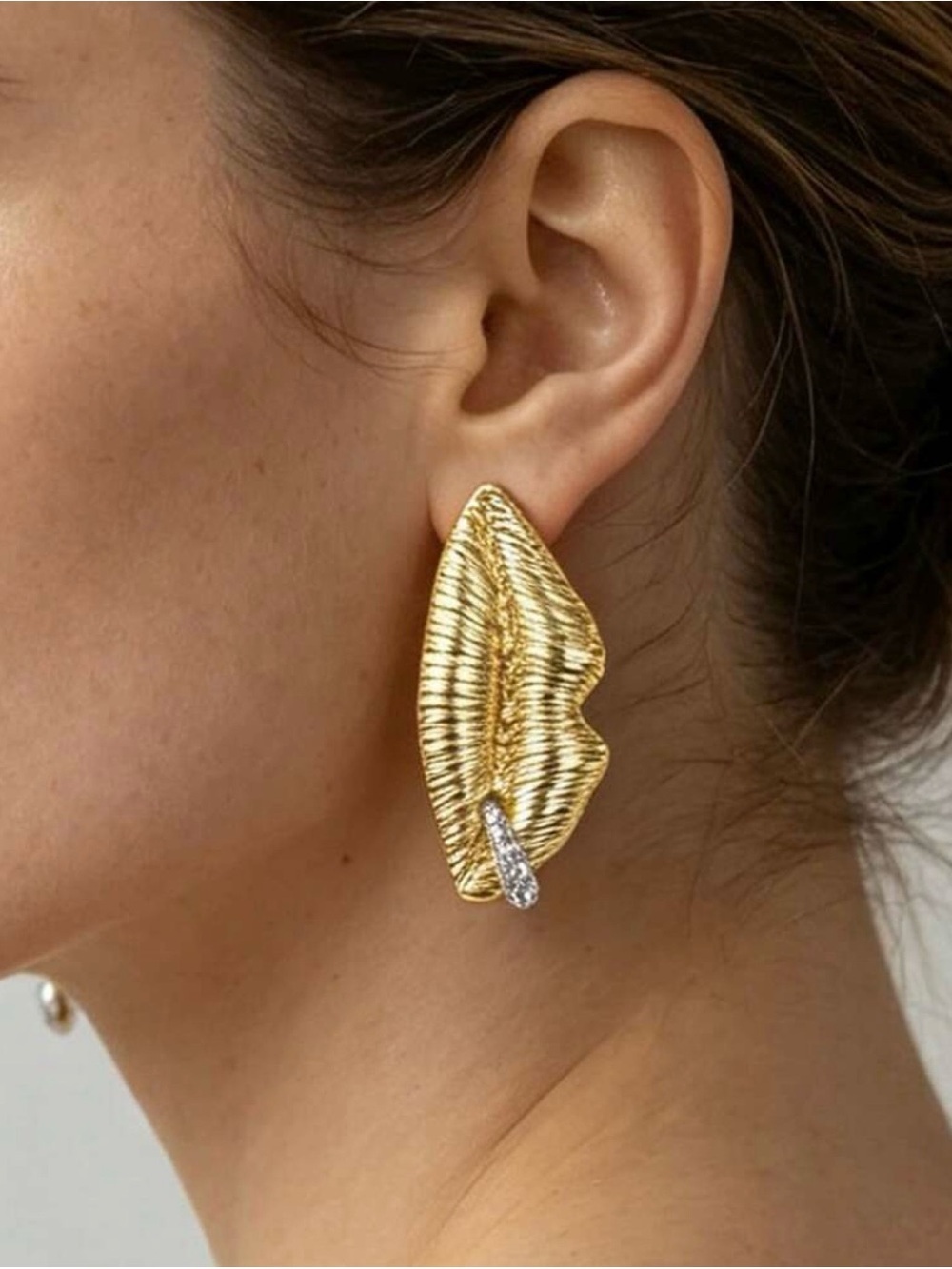 Gold Textured Lip Drop Statement Earrings with Rhinestone Crystal Accent